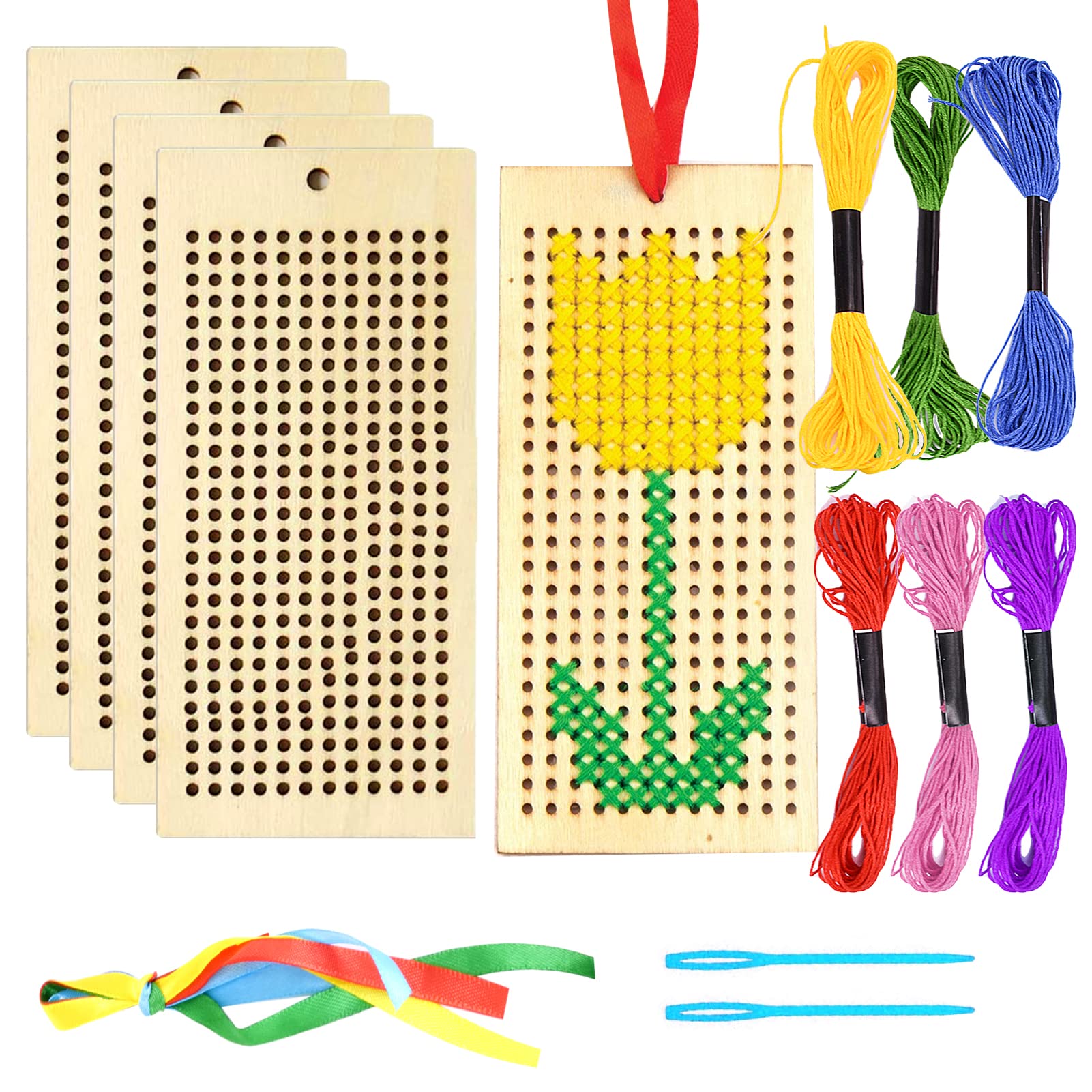 Wooden Bookmark Cross Stitch Kits, 5 Pack Embroidery Starter Kit Embroidery Set Cross Stitch Bookmark Kits with Cross Stitch Frame, Needles, Threads, Ribbons for Kids Beginners DIY Project Art Craft