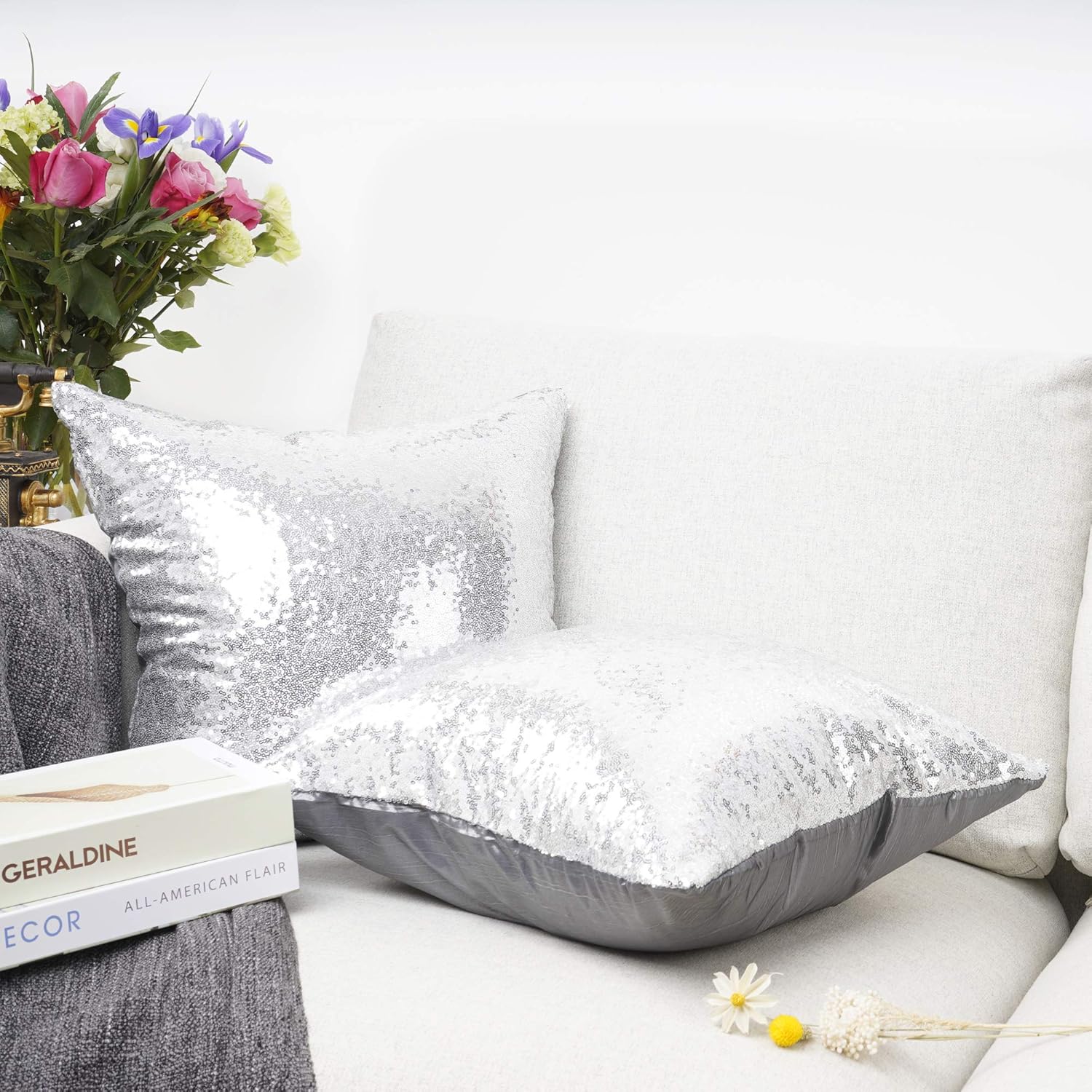 YOUR SMILE Pack of 2, New Luxury Series Silver Decorative Glitzy Sequin & Comfy Satin Solid Throw Pillow Cover Cushion Case for Wedding/Christmas,18" x 18": Home & Kitchen