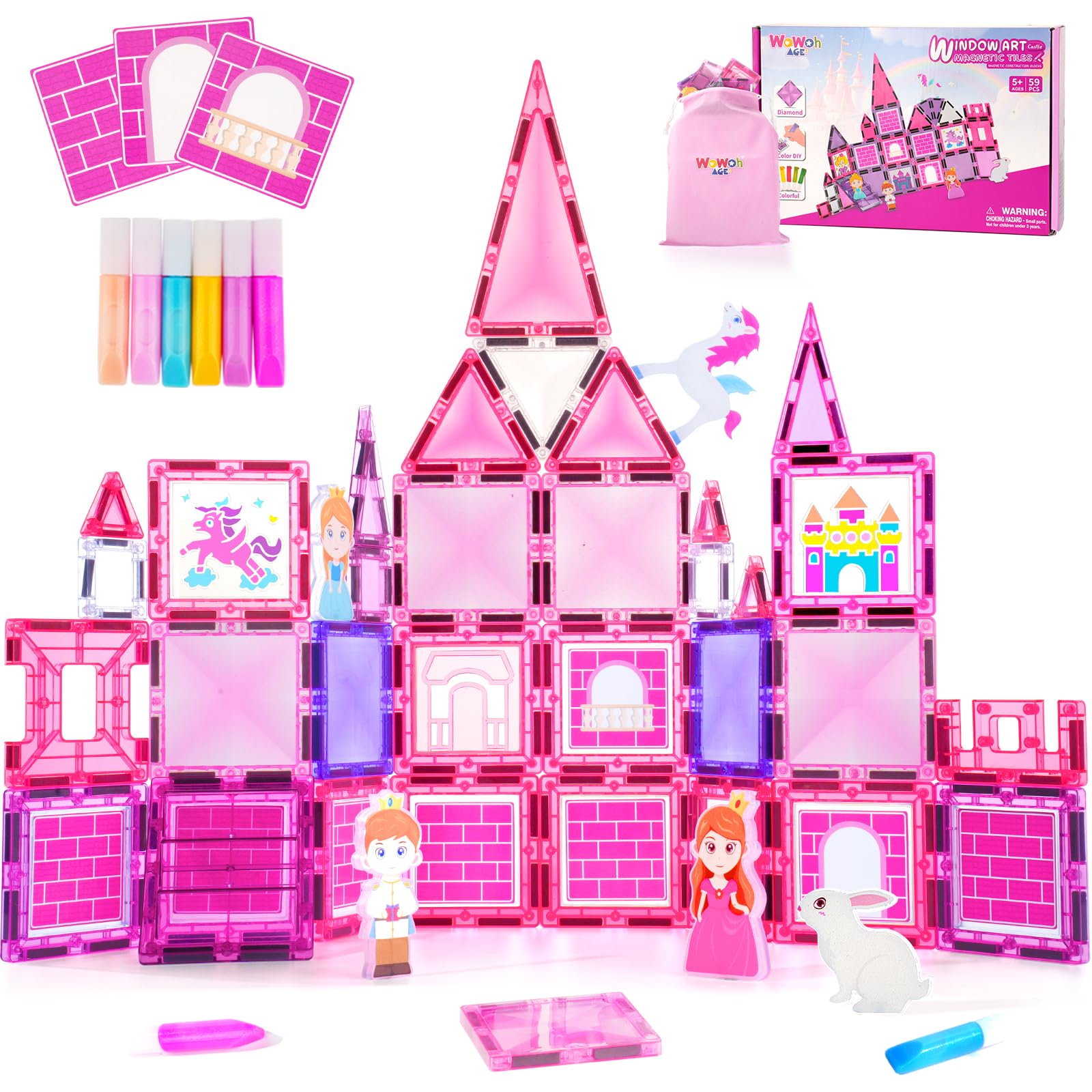 Photo 1 of WOWOHAGE Diamond Magnetic Tiles Building Blocks – Princess Castle Pretend Play Toys with DIY Painting Set and Stickers for Kids 4 5 6 7 8 Year Old STEM Educational Birthday for Girls Boy