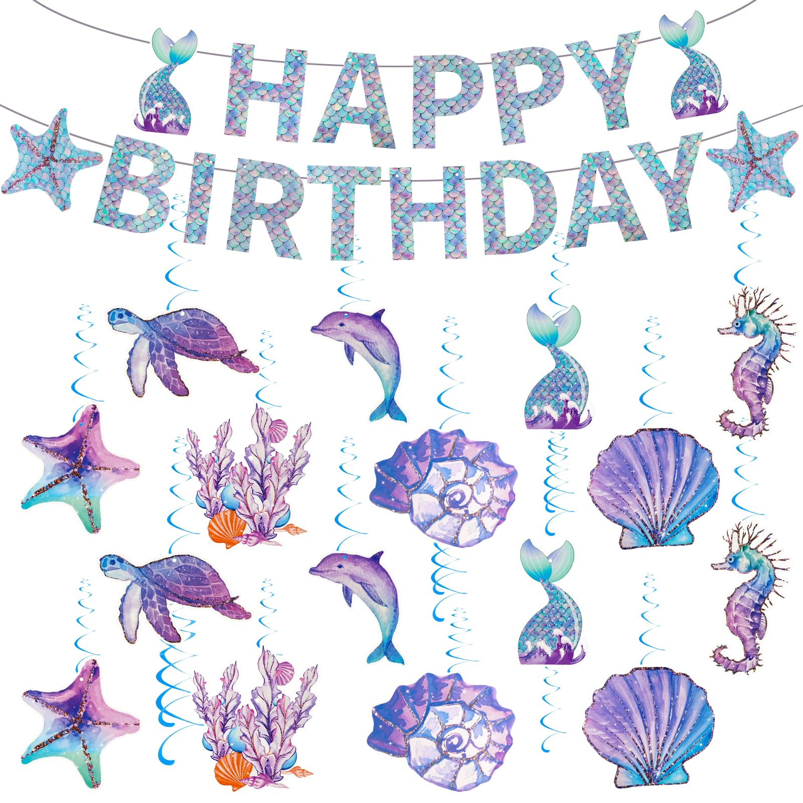 Photo 1 of CANREVEL 33 PCS Mermaid Birthday Decorations, Mermaid Party Decorations Including Beautiful Mermaid Birthday Banner and Hanging Swirls Streamers with Cutouts, Mermaid Decor for Kids Women Girls Adult
