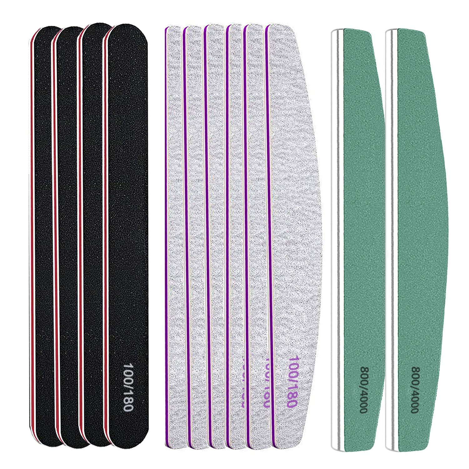 Roleelex Nail Files and Buffers Set, 12 Pieces, Acrylic, Professional, 100/180 Grit Emery Board, 800/4000 Grit Buffer Block for Home and Salon