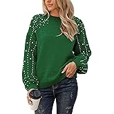 Blooming Jelly Women's Chunky Sweater Crewneck Sweatshirt Knit Lantern Sleeve Oversized Pullover Sweater with Pearls