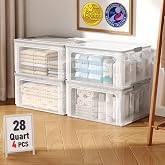 OlarHike 28QT Collapsible Storage Bins with Lids, Clear Box for Home-4 Pack | Plastic Organizer Box, Foldable Tote &amp; Container for Closet, Living Room, Garage, Stackable Straight Design Offers More Space