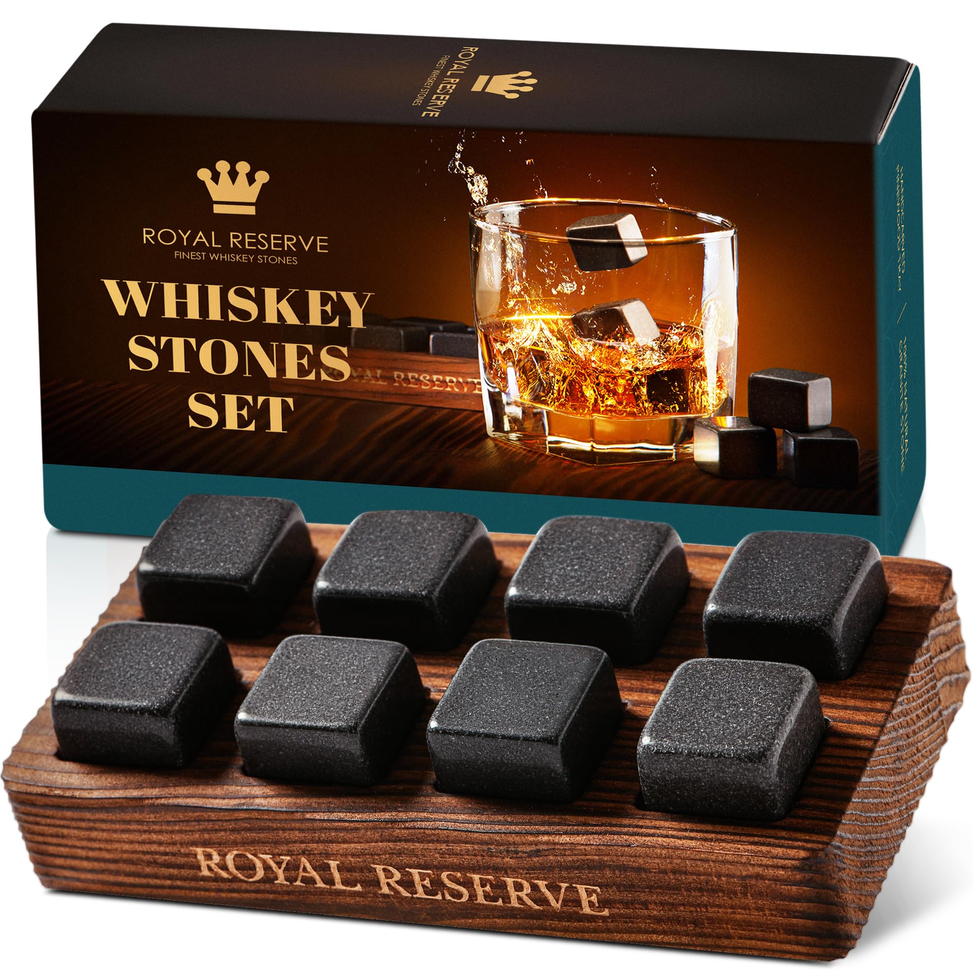 Whisky Stones Gift Set in Brown Wood Tray - 8 x Reusable Chilling Bourbon Ice Cubes - Whisky Gift for Men, Husband, Friend, Dad, Him by Royal Reserve