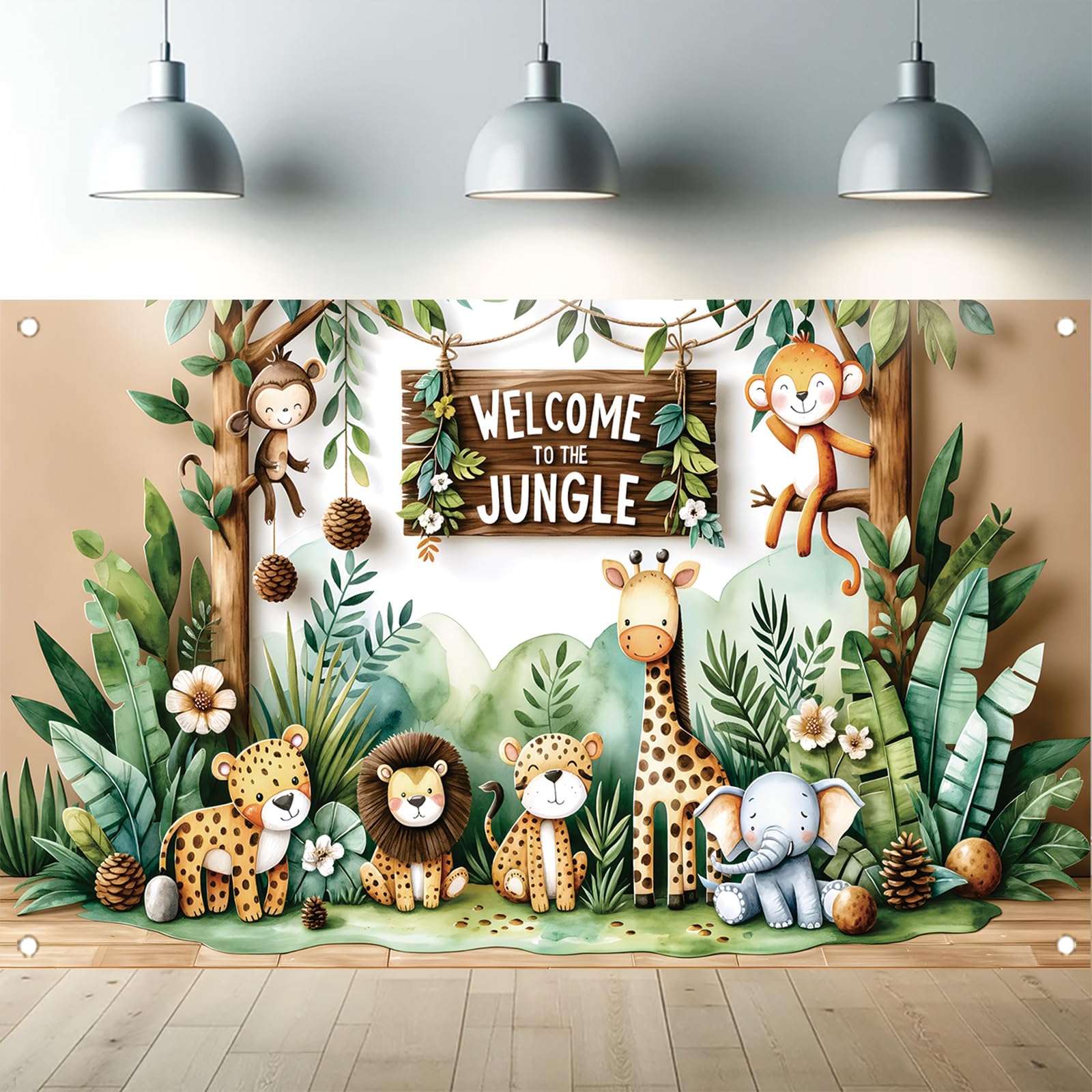 Photo 1 of Starlit Patio Jungle Safari Birthday Backdrop Welcome to The Jungle Party Banner Decoration 71 x 43 inch Leaves Animals Backdrop for Boys Girls Photo Background Animal Theme Bday Party Decorations