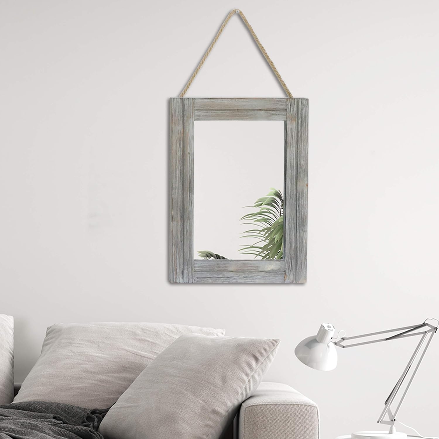 EMAISON 16 X 12 Inch Rustic Wood Framed Wall Mirror with Hanging Rope for Farmhouse Décor, for Entryway, Bedroom, Bathroom, Dresser, Gray: Home & Kitchen
