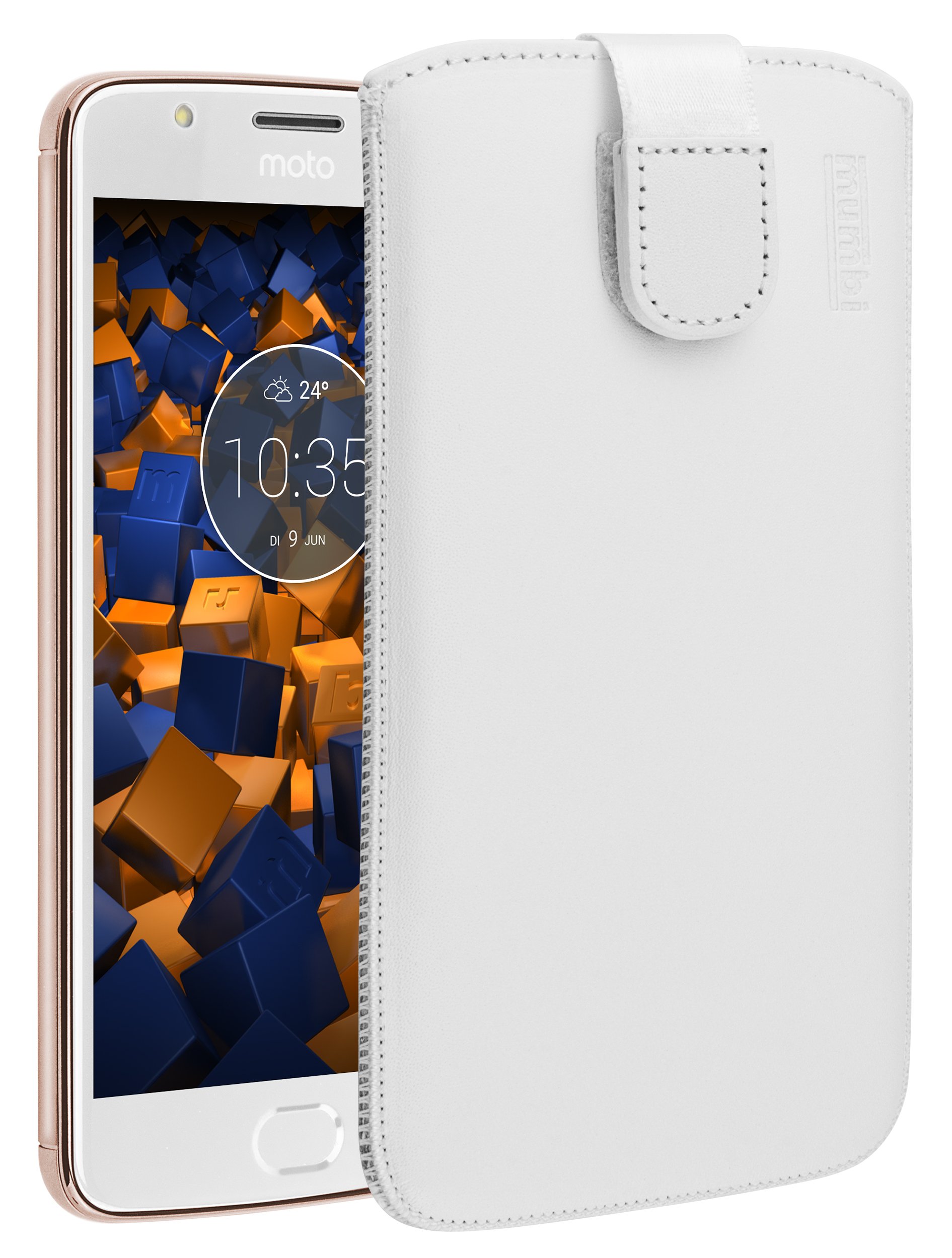 mumbi Genuine Leather Case for Lenovo Moto E4 with Flap and Pull-Out Tab White