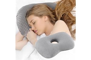 WURONSA Ear Piercing Pillow with an Ear Hole, Cotton and Polyester Side Sleeping Pillow for CNH and Ear Pain Ear Inflammation Pressure Sores for Side Sleepers, Ear Guard Pillow (Light Grey)