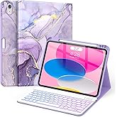 Soke for iPad (A16) 11th/10th Generation Case with Keyboard(2025/2022)-7 Color Backlight Wireless Detachable Folio Keyboard Cover with Built-in Pencil Holder for iPad 11/10.9 inch, Violet Marble
