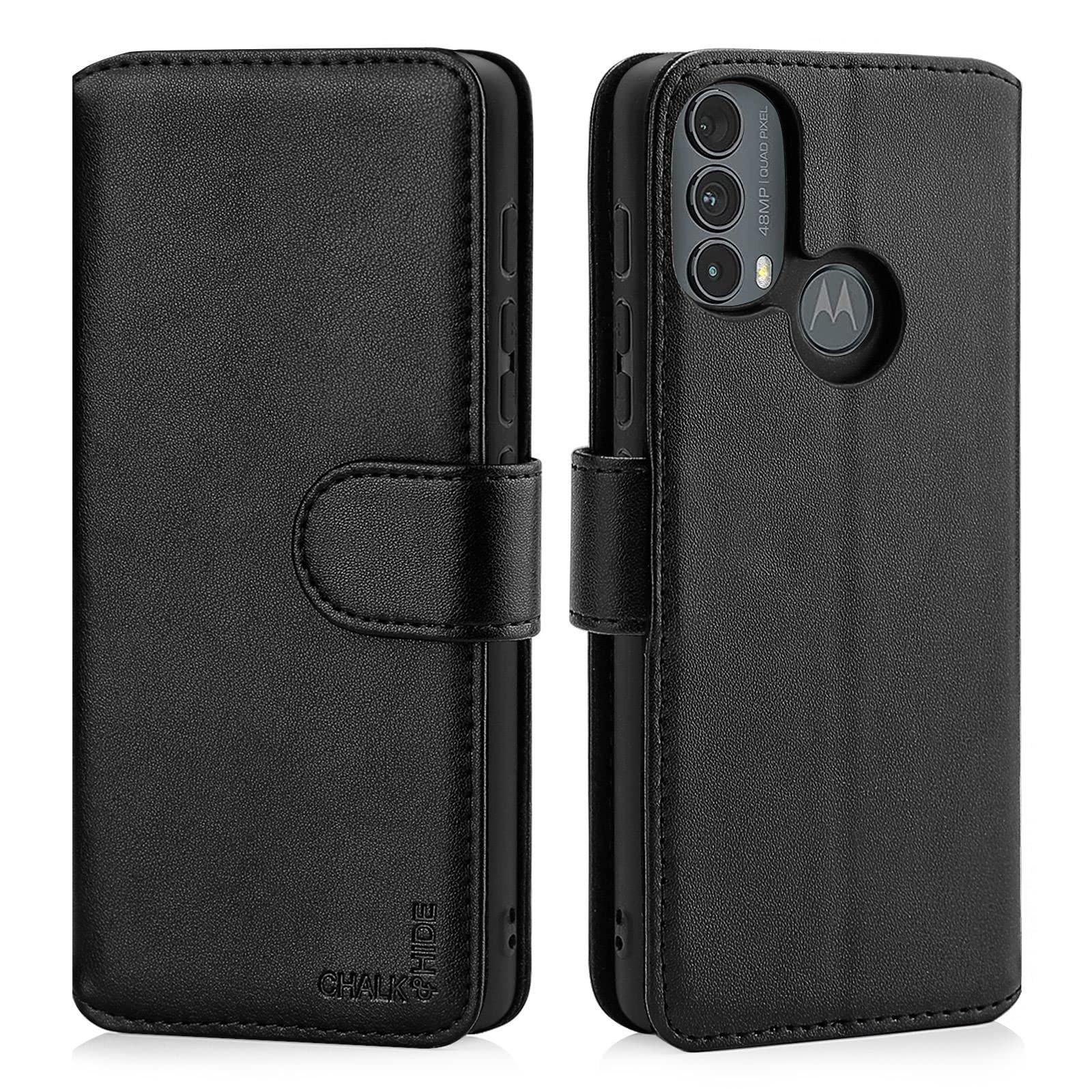 CHALK & HIDE - Real Leather Book Wallet Flip Case Cover For Motorola Moto E20, Real Leather Design With Card Slot, Magnetic Closure and Built In Stand - Black