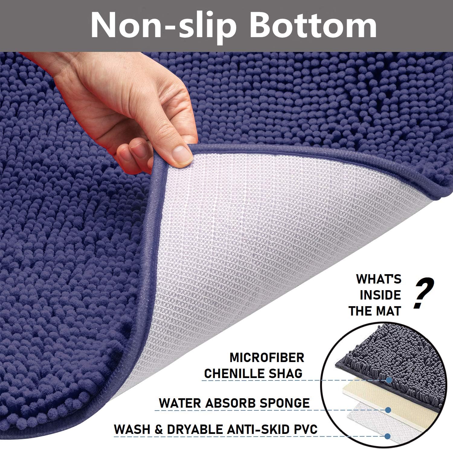 Bathroom Rugs Chenille Bath Mat Set, Soft Plush Non-Skid Shower Rug +Toilet Mat. (Blue): Kitchen & Dining