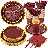 Ziliny 350 Pcs Burgundy and Gold Foil Plates and Napkins, 50 Guest Christmas Party Supplies Include Gold Foil Scalloped Paper Plates Napkins Cups Plastic Spoons Forks Knives for Birthday Baby Shower