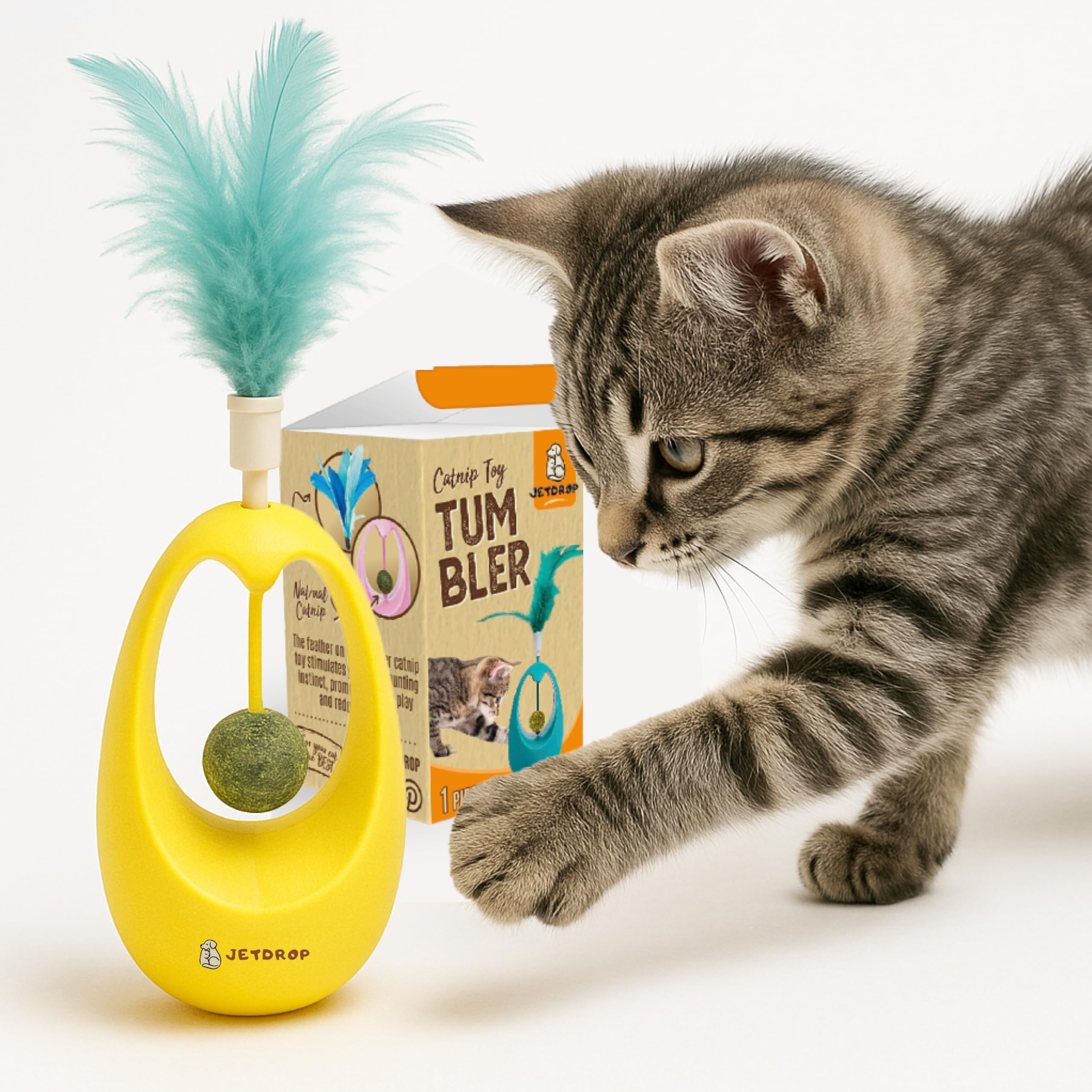 Photo 1 of JETDROP Cat Feather Toy - Interactive Self-Righting Wobble Tumbler with Catnip Ball for Indoor Cat Exercise and Entertainment - Silent Battery-Free - Perfect for Busy Owners (Yellow)
