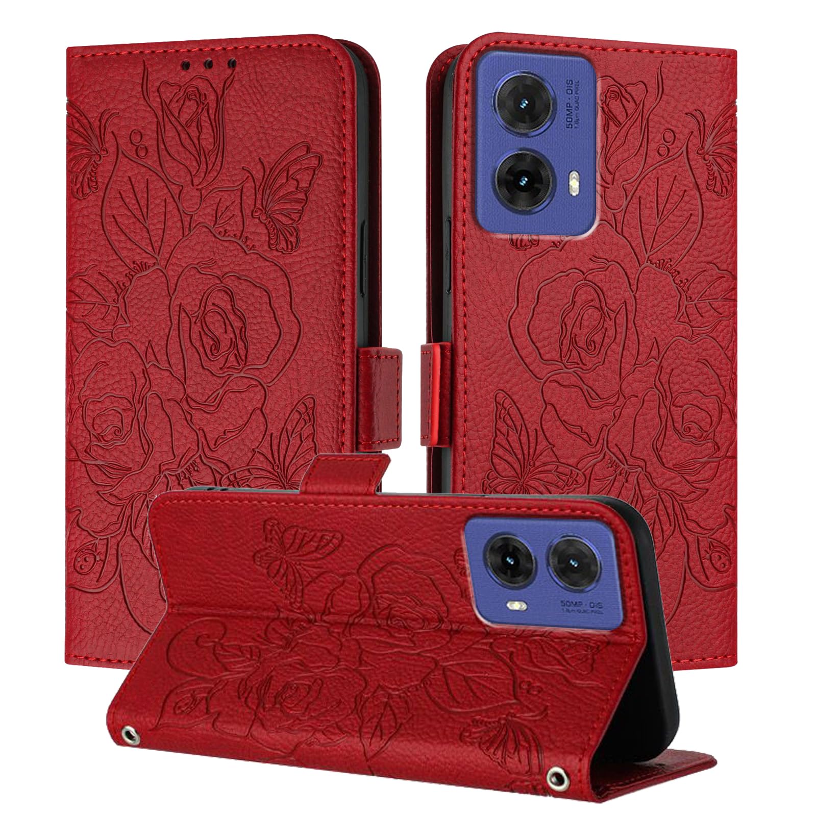 IMEIKONST Wallet Case for Motorola Moto G85 5G, Magnetic Closure Flip Leather + TPU Bumper Case with RFID Block Card Holder Stand Fuction Shockproof Cover for Moto G85 5G. Red Flowers YBH