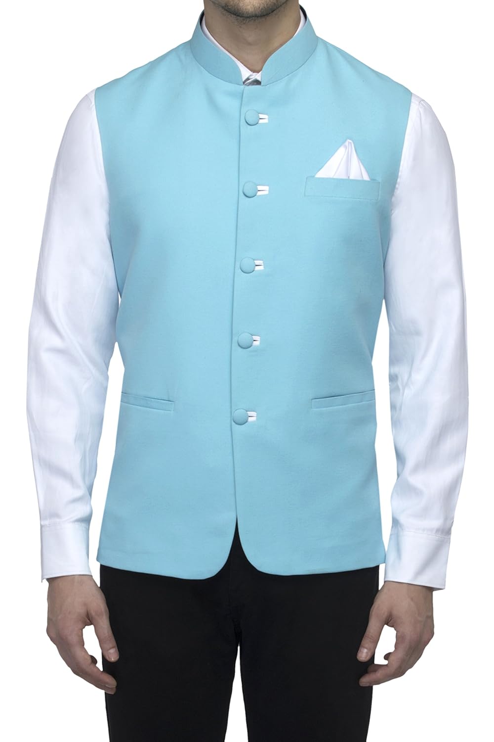 favoroski sleeveless nehru jacket with mandarin collar for men
