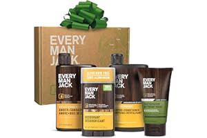 Every Man Jack Men's Bath and Body Gift Set - Amber + Sandalwood Scent - Clean Ingredients - Includes Hydrating Body Wash, 2-in-1 Shampoo, Aluminum-free Deodorant & Face Wash