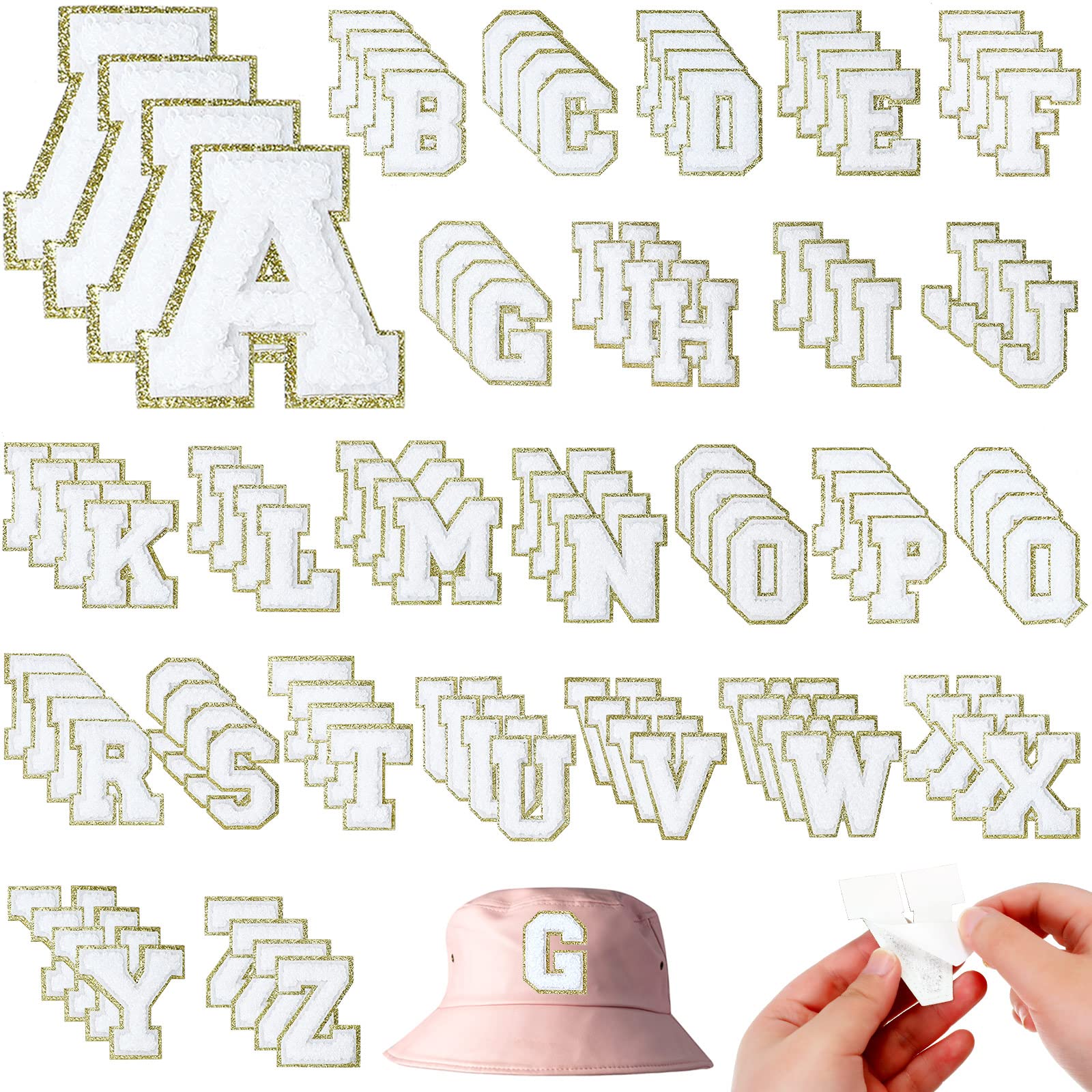 Photo 1 of Geosar 156 Pieces Self Adhesive Chenille Letter Patches A-Z Gold Letter Iron on Letters Embroidered Trimmed Preppy Alphabet Patches for Clothing DIY Repairing Craft Fabric(White)