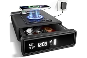 ORARAER Smart Biometric Safe with Wireless Charging for Phone & Watch, 3 Access Methods to Unlock, Nightstand Drawer Safe LED Display with Humidity & Temperature Monitoring, Stopbox for Cash and Valuables