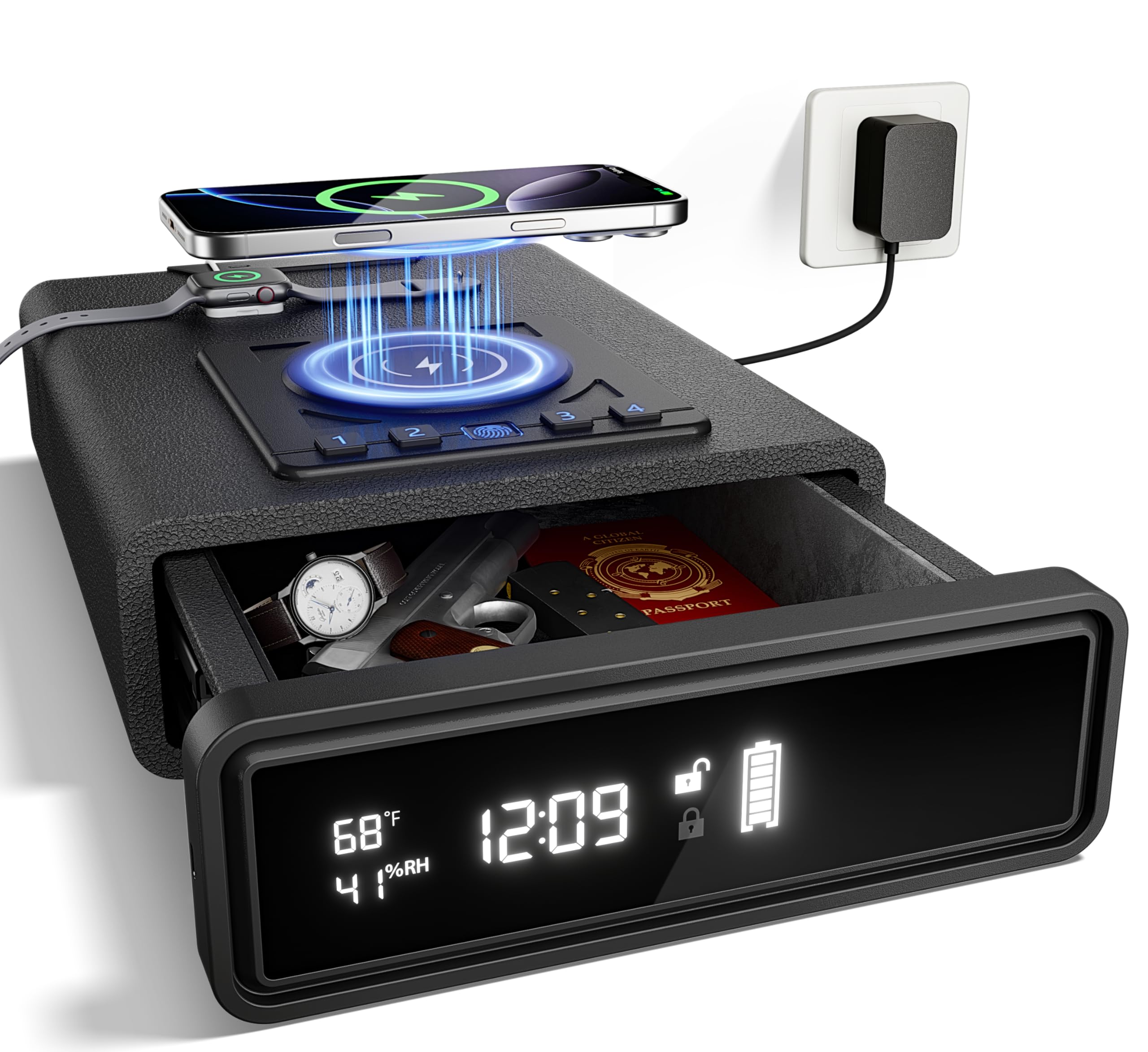 Photo 1 of Smart Biometric Safe with Wireless Charging for Phone & Watch, 3 Access Methods to Unlock, Nightstand Drawer Safe LED Display with Humidity & Temperature Monitoring, Stopbox for Cash and Valuables