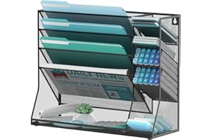 JMHUD Wall File Organizer, 5-Tier Wall Organizer for Office with 4 Pen Slots, Vertical Hanging File Folder Holder with R-shaped Bottom Tray, Mesh Mail Holder Desk Organization for Workspace, Black