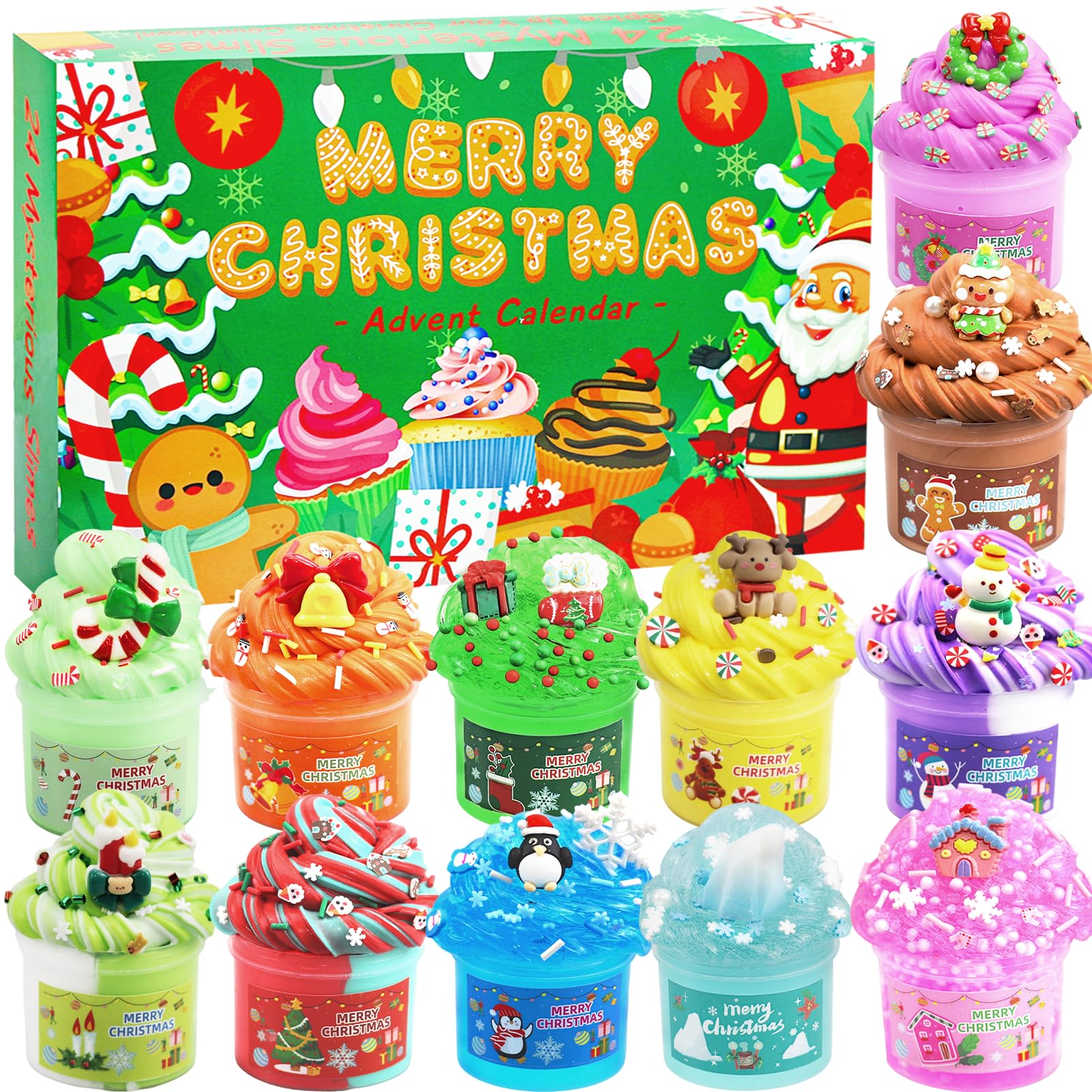 Slime Advent Calendar2025, 24-Day Countdown to Christmas Surprise Christmas Party Gifts, Textured and Fluffy Slime Kits, C hristmas Toys Suitable for Boys and Girls Aged 3 to 12 (green)