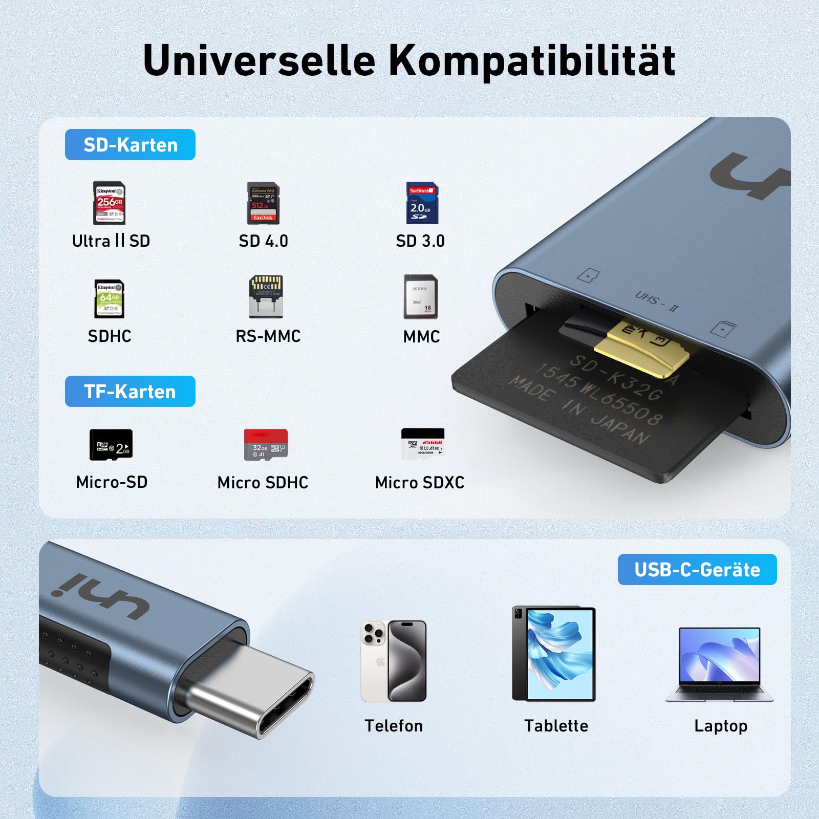 uni SD Kartenleser 312MB/S USB C 4.0 Kartenleser 2 IN 1, USB C Card Reader unterstützt UHS-II Lesen, kompatibel für iPhone 15 Pro Max, Galaxy S23, iPad Pro,MacBook Pro,Surface pro/Surface Book usw. 7