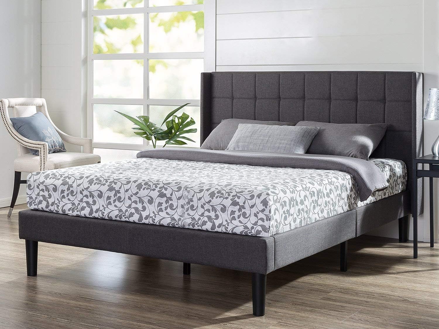 Best Zinus Upholstered Square Stitched Platform Bed With Footboard Queen