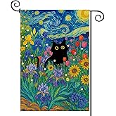 Baccessor Spring Summer Black Cat Garden Flag Double Sided 12.5 x 18 Inch Burlap with Clip and Stopper,Starry Night Flowers Flag Yard Lawn Seasonal Farmhouse Outside Outdoor Decoration