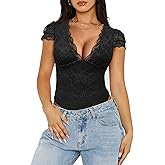 Saslax Women's Sexy Deep V Neck Short Lace Bodysuit Double Lined Body Suit Thong Going Out Tank Tops