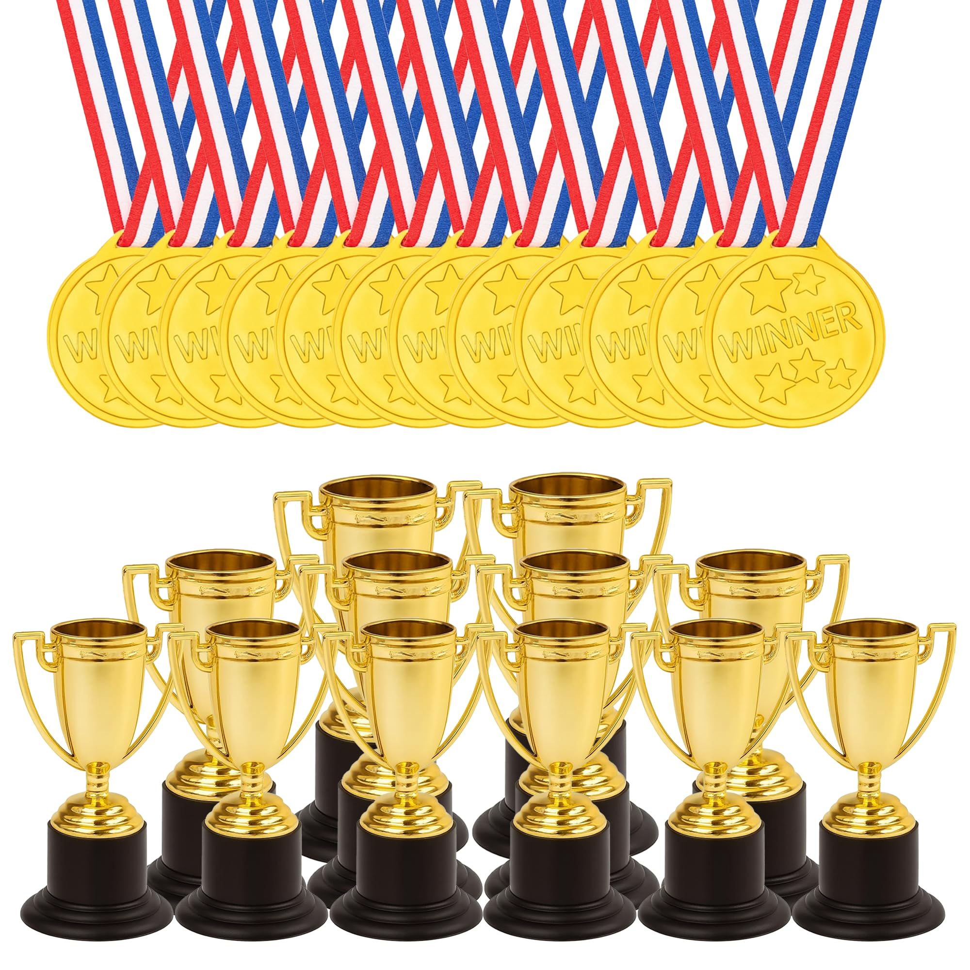Navoys 24-Piece Trophy & Medal Awards Set – 12 Plastic Gold Trophies and 12 Winner Medals for Competitions, Sports, Parties, Sports Day, School, Recognition & Achievement