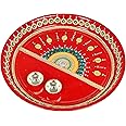 Handcrafted Pooja Thali Platter Engagement Plate Decorative Stainless Steel Thali with Essential Pooja Article for Indian Traditional Karwachauth Festival New Year Puja Item Decoration(Size-10)(Red)