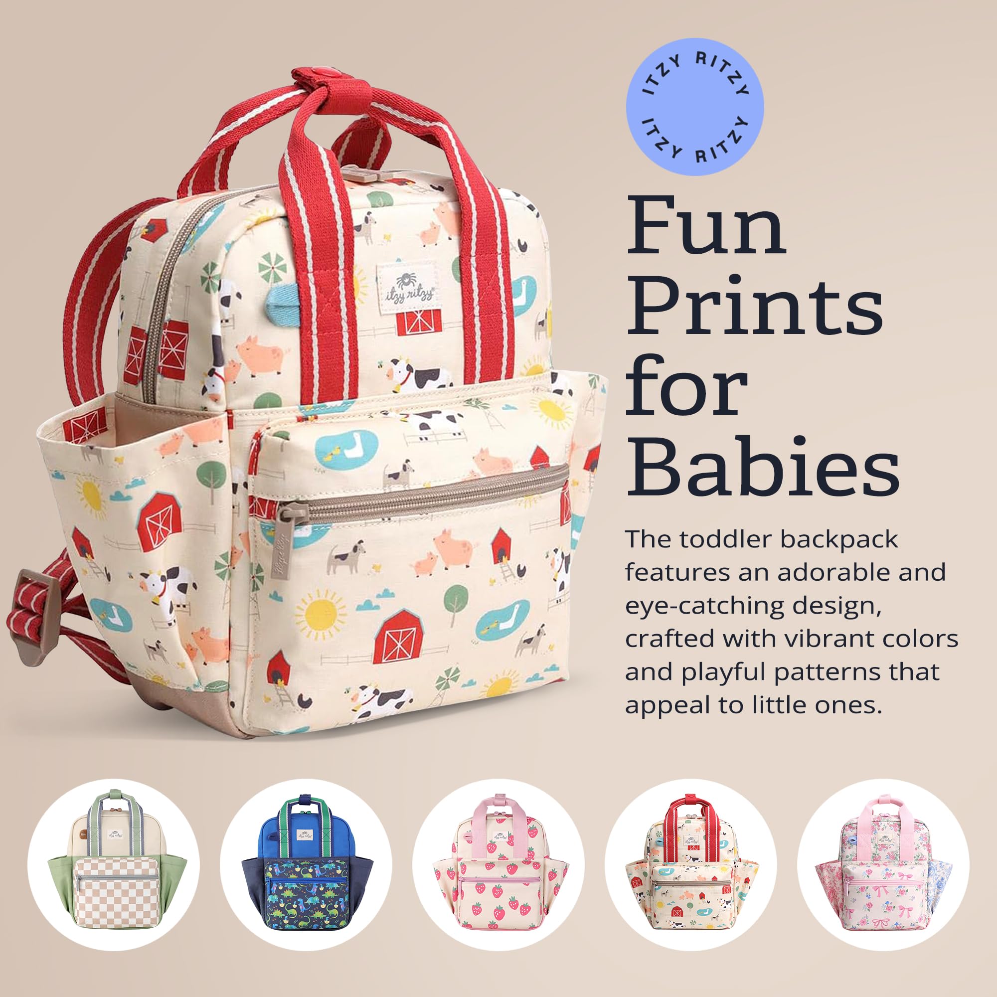 Itzy Ritzy Toddler Backpack - Daycare Bag - Features Adjustable Shoulder Straps, 2 Side Pockets & Spacious Interior with Wipeable Fabric Lining & Name Label, Farm Backpack