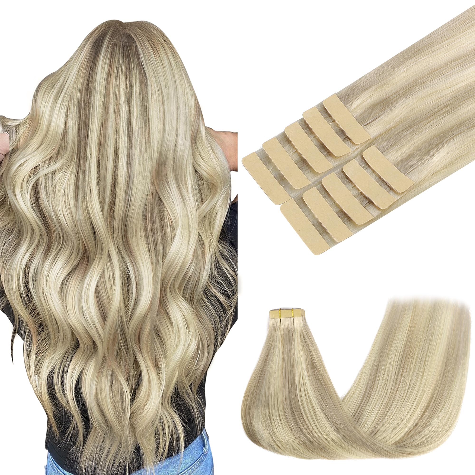 GOO GOO Tape in Hair Extensions human hair, tape Hair Extensions, 18inch 25g 10pcs, Human Hair Extensions, 17A/60A Ash Blonde