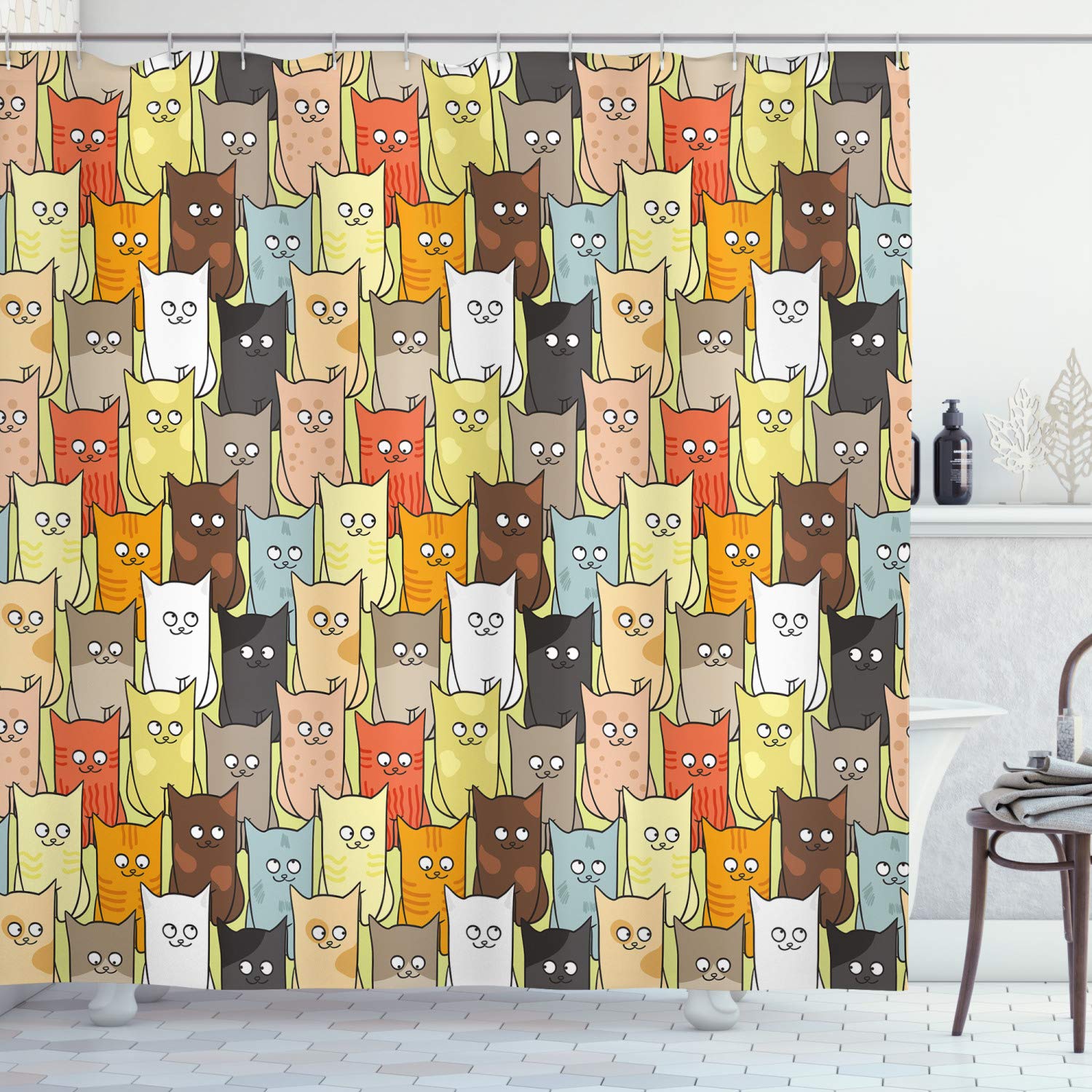 ABAKUHAUS Cats Shower Curtain, Funny Colorful Graphic Kittens Cartoon Style Boys Girls Kids Playroom Nursery, Cloth Fabric Bathroom Decor Set with Hooks, 94 Inches, Multicolor