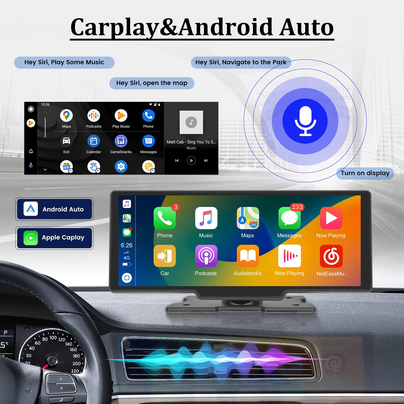 Carplay Screen Stereo 10.3 inch HD Wireless Portable Car Buddy Touchscreen Radio, Car Play & Android Auto FM Transmission Bluetooth for 7V-32V Vehicles
