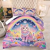 EDGZKO Rainbow Cat Comforter Set: Twin Size Cute Colorful Cat Bedding for Kids Teen Girls Room Decor Kawaii Purple Pink Ethnic Kitten Quilt Floral Feline Castle Bed Sets 2 Piece