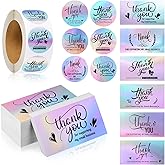 1120 Pcs Thank You Cards and Stickers Set, Include 120 Business Card 1000 Roll Labels Thank You for Supporting My Small Business Stickers Package Insert(Holographic Style)