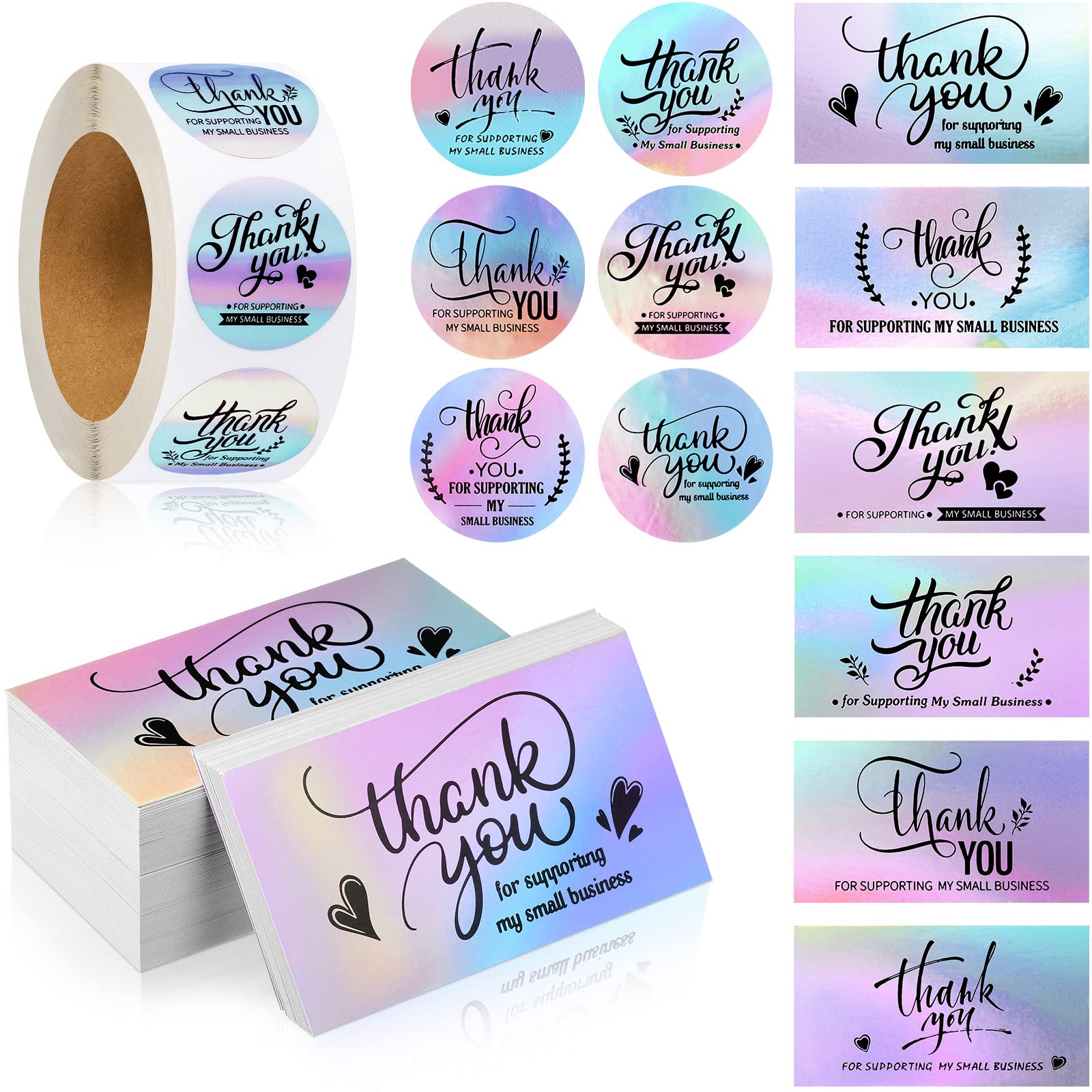 Photo 1 of 1120 Pcs Thank You Cards and Stickers Set, Include 120 Business Card 1000 Roll Labels Thank You for Supporting My Small Business Stickers Package Insert(Holographic Style)LPNO376429361
