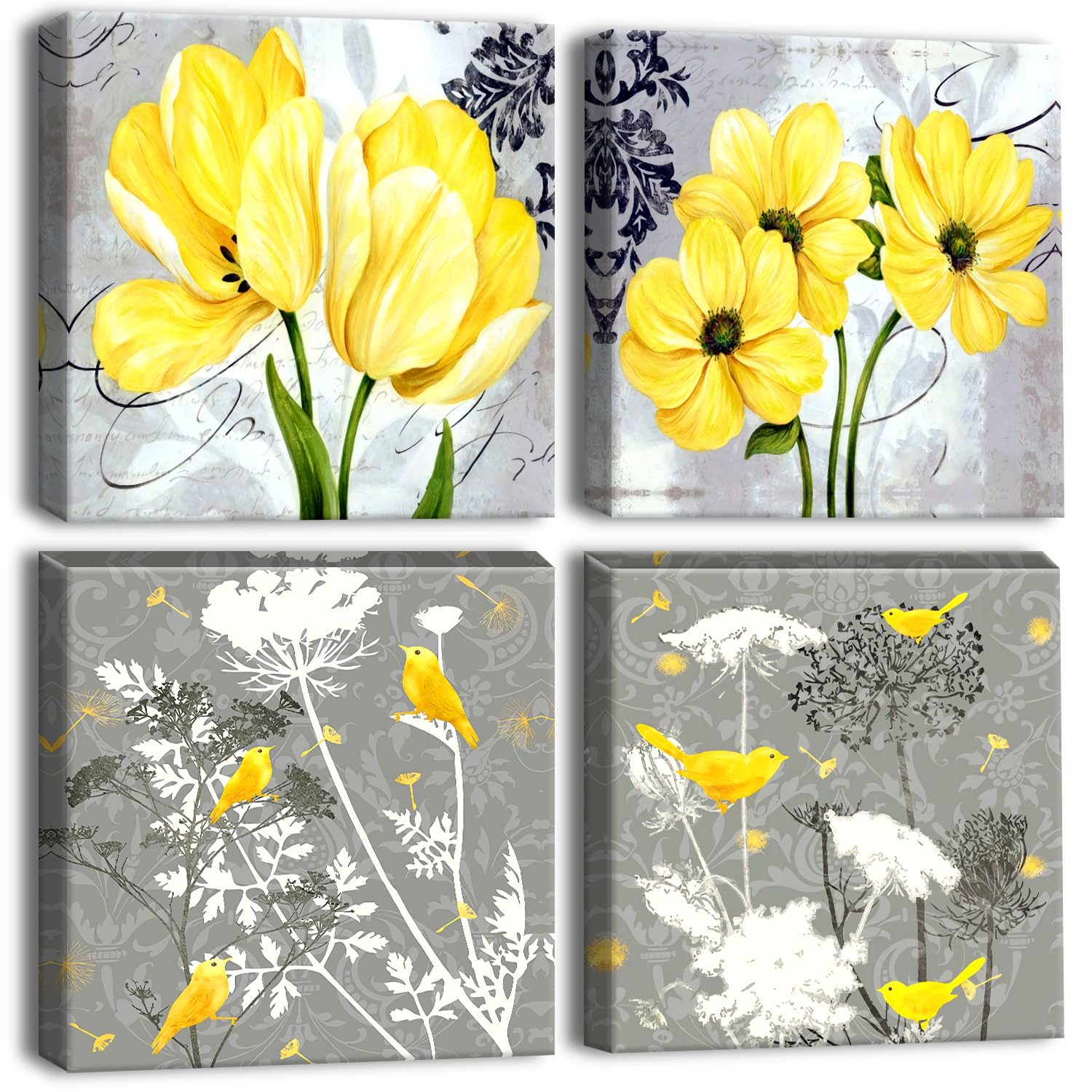 Artscope 4 Pieces Wall Art Canvas Prints - Yellow Flowers and Birds Picture Painting- Modern Wall Artwork Framed for Bathroom Home Office Decor - 30 x 30 CM