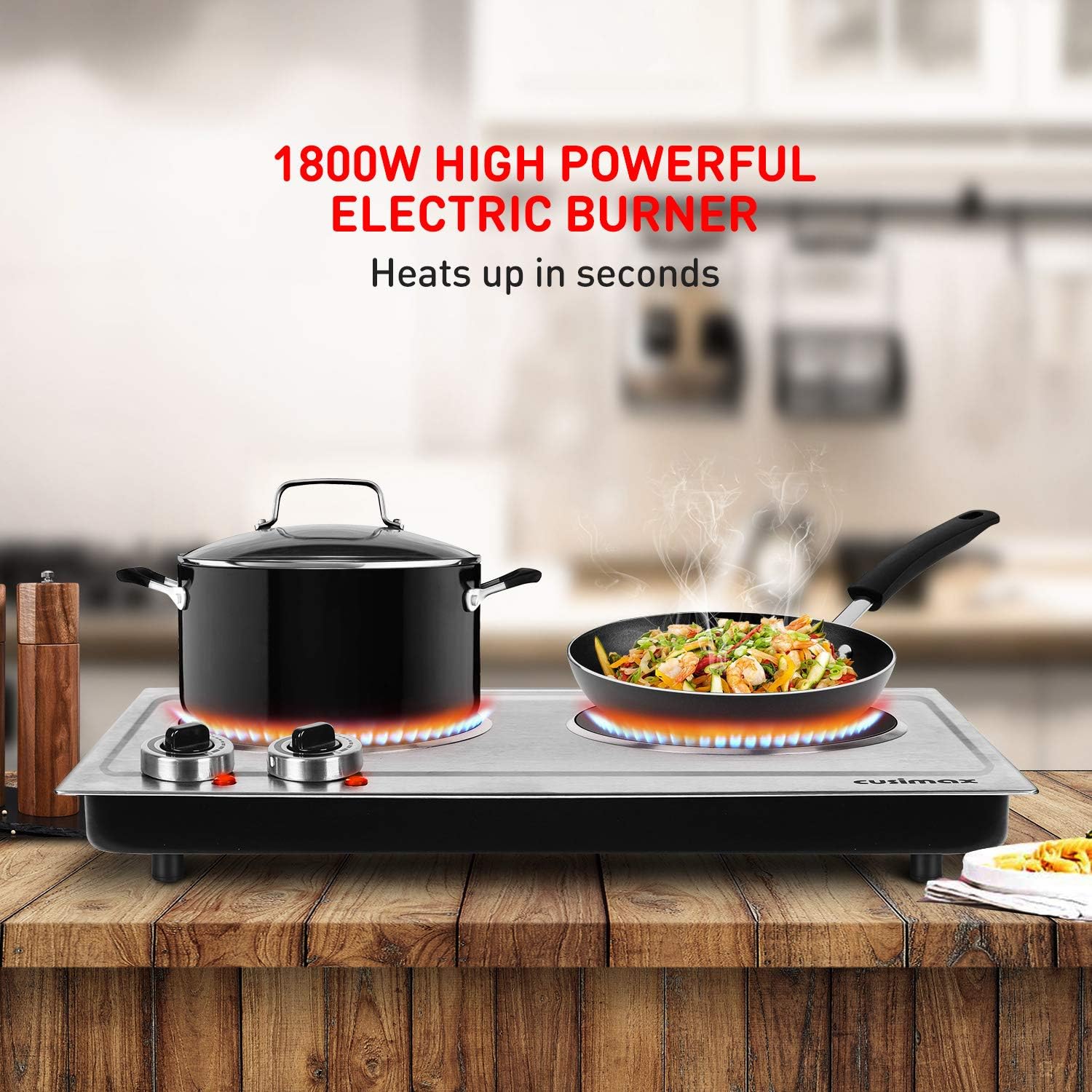 Cusimax Hot Plate, 1800W Ceramic Electric Double Burner for Cooking, Infrared Cooktop, Glass Electric Stove with Adjustable Temperature & Non-Slip Rubber Feet, Stainless Steel Upgraded Version, Compatible w/All Cookware: Kitchen & Dining