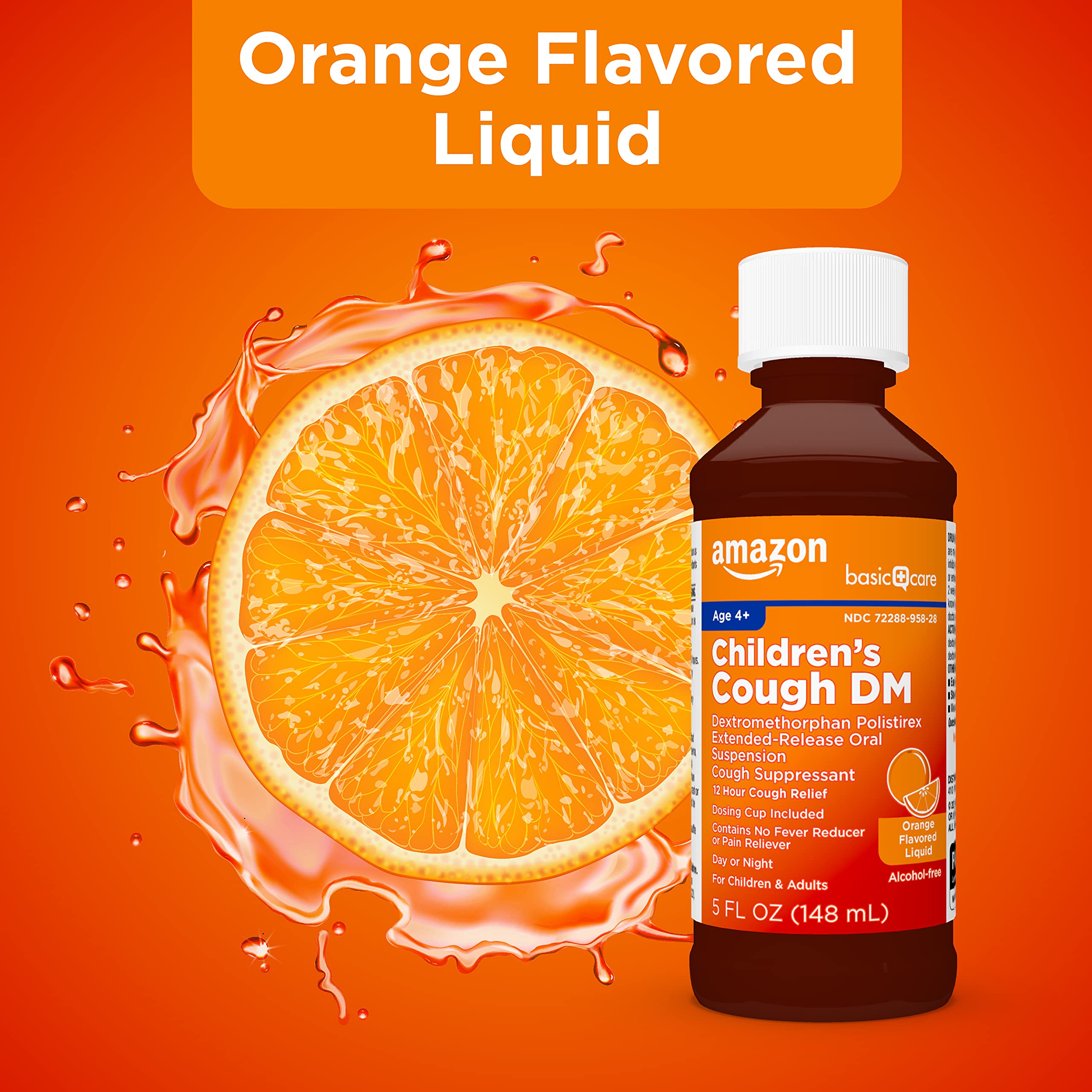 Amazon Basic Care Children's Cough Suppressant DM Syrup, Orange Flavor, 5 fl oz (Pack of 1)