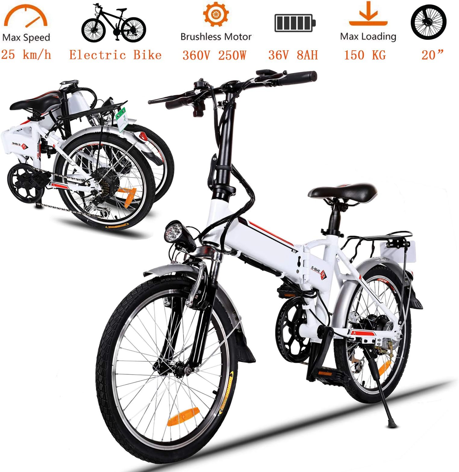 Korie 20" Folding Electric Bike with 36V Lithium-Ion Battery, 250W Motor and 7 Speed Shifter Lightweight E-Bike for Adults