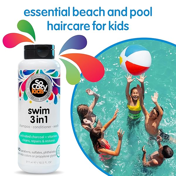 SOCOZY KIDS SWIM 3-IN-1 SHAMPOO, CONDITIONER & BODY WASH – 3-IN-1 COMBO POOL SHAMPOO & CONDITIONER FOR SWIMMERS – SALT & CHLORINE REMOVING ACTIVATED CHARCOAL