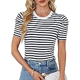 LYANER Women's Short Puff Sleeve Cotton Tops Crew Neck Striped Shirt Blouse Trendy Going Out Tops