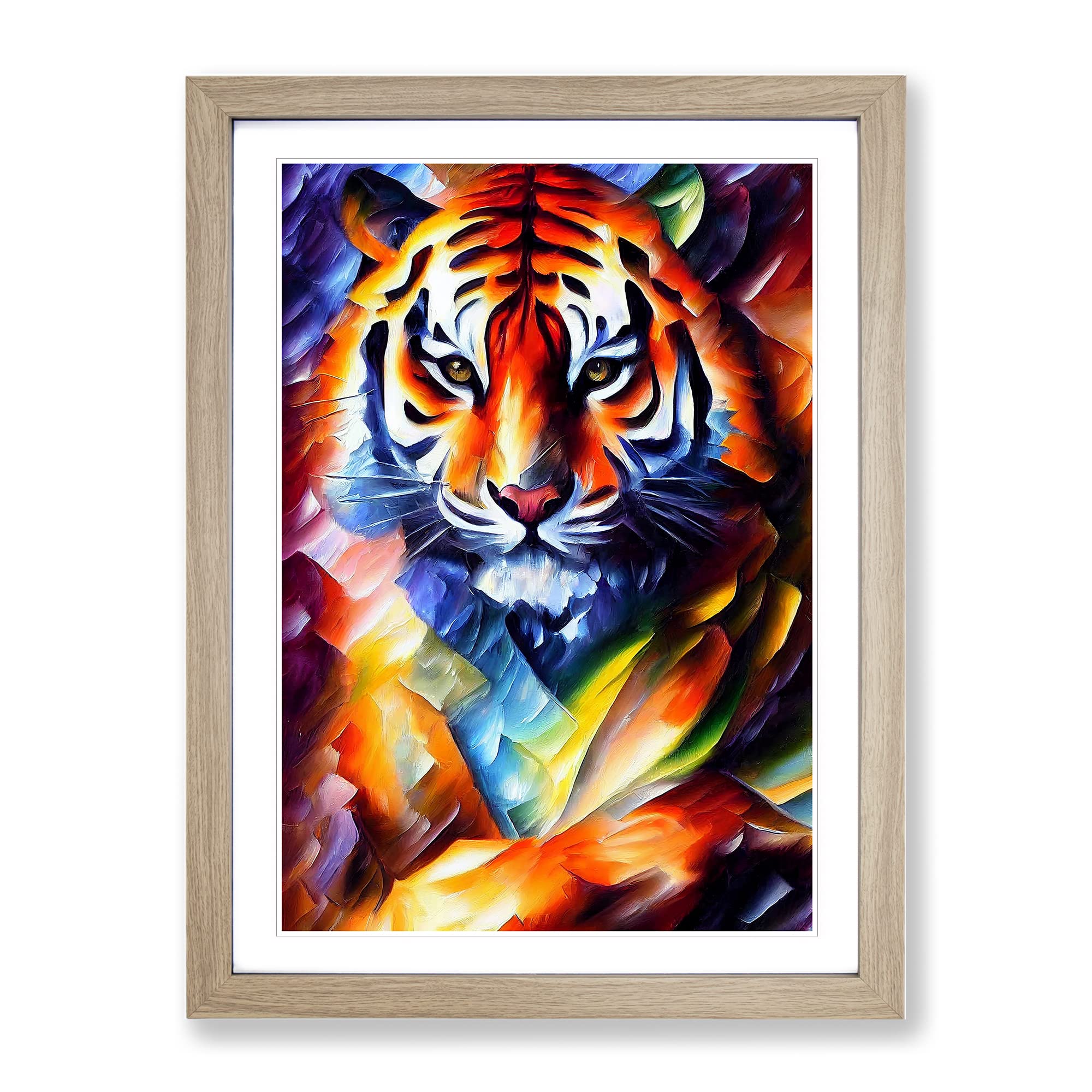Tiger Portrait No.5 Framed Print | A3 Oak Framed Wall Art | Ready to Hang | Modern Animal Picture | Living Room Bedroom Lounge Office