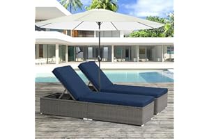 JOIVI Outdoor Chaise Lounge Chair, Patio Pool Lounge Chairs for Outside, Rattan Reclining Chaise Lounger with Adjustable Backrest and Removable Navy Blue Cushions, Gray PE Wicker (Set of 2)