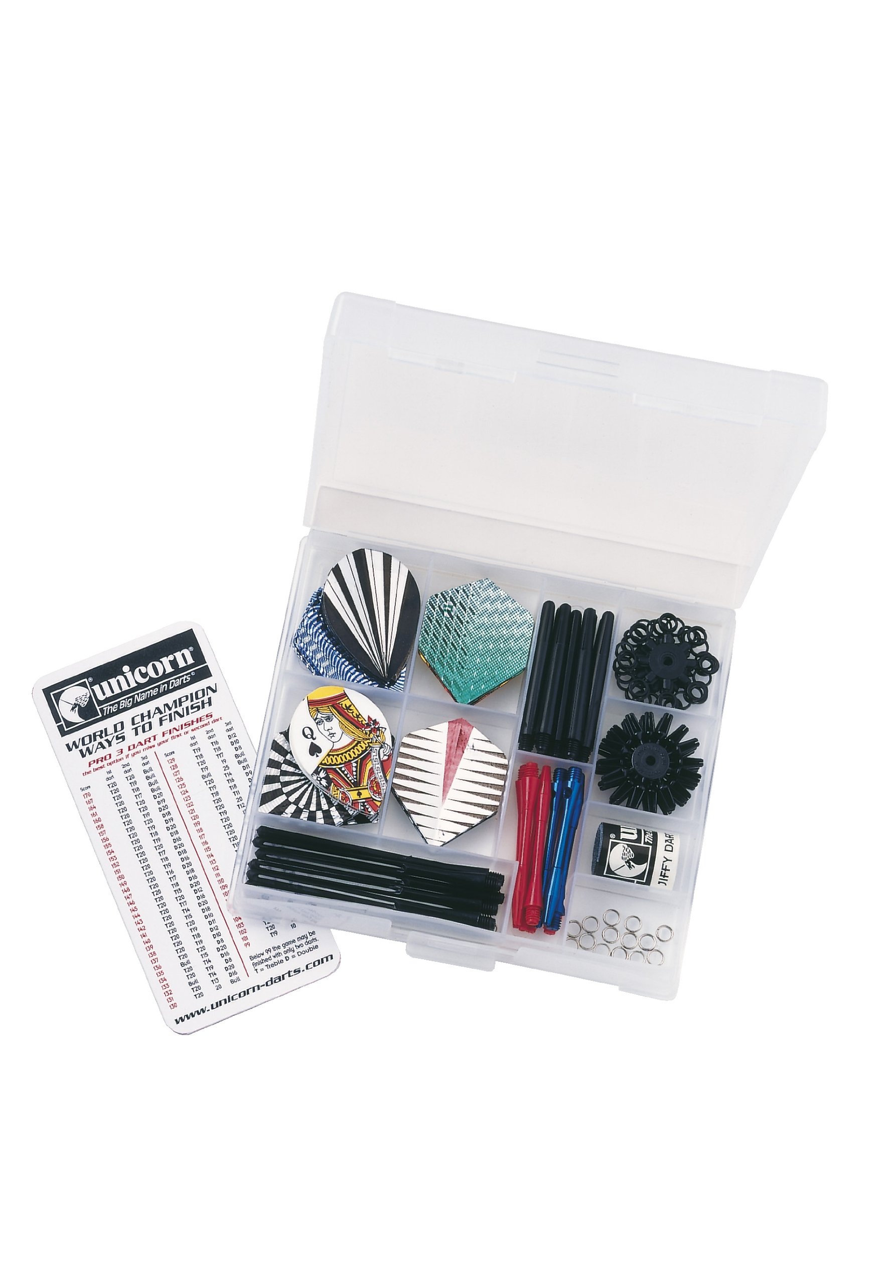 Unicorn Maestro Darts Tune-Up Kit | 8 Sets of Flights | 6 x Slikstik 9 x Gripper 6 x XL Shafts | 48 Locking Rings, 48 Flight Protectors, Dart Sharpener & Checkout Card