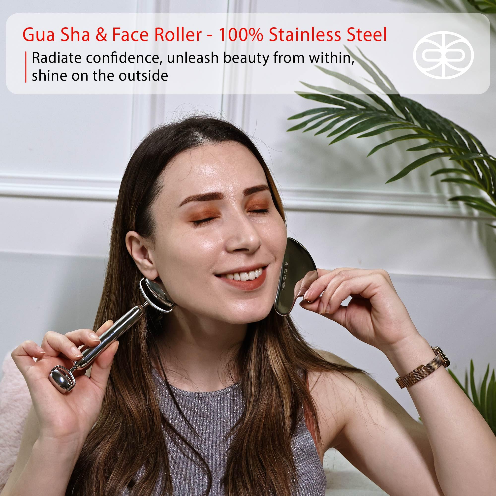 Rena Chris Gua Sha and Face Roller Set: Anti-Breakage Stainless Steel Roller for Long-Lasting Use, Jawline Sculpting and Puffiness Reducing, Gua Sha Facial Tools for Self Care Gift (Silver)