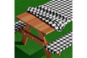 Bouiexye 3 Pcs Set Polyester Picnic Table Cover with Bench Covers, Elastic Outdoor Camping Tablecloth with Bag Backing Picnic