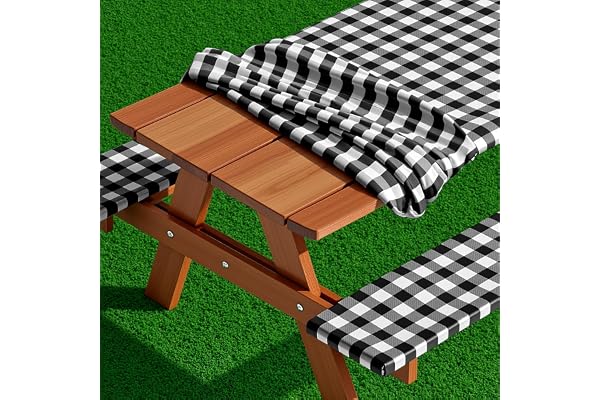 Bouiexye 3 Pcs Set Polyester Picnic Table Cover with Bench Covers, Elastic Outdoor Camping Tablecloth with Bag Backing Picnic